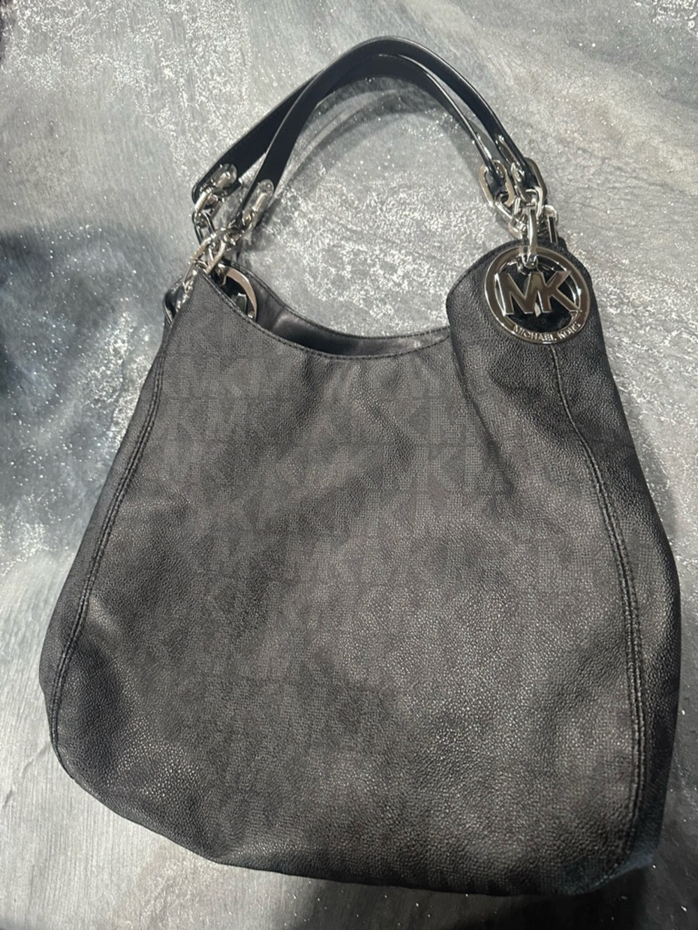 Michael Kors Black Pebbled Logo Hobo Bag with Silver MK Charm